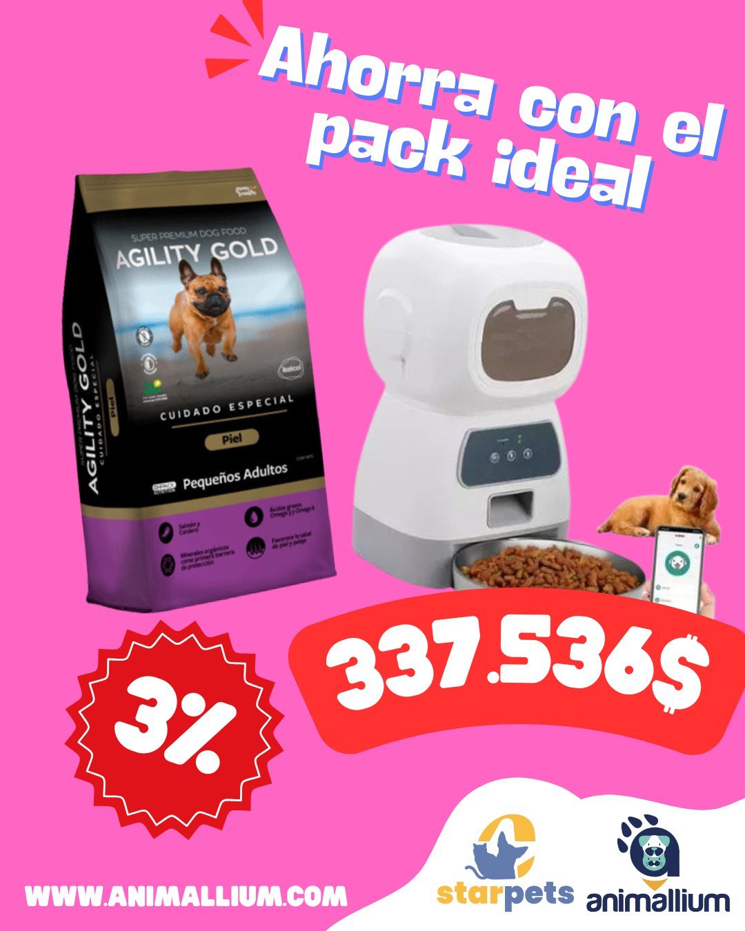 Combo: Dispensador De Comida Mascotas Remoto + PEQUEÑOS ADULTOS-PREMIUM paquete de 3kg