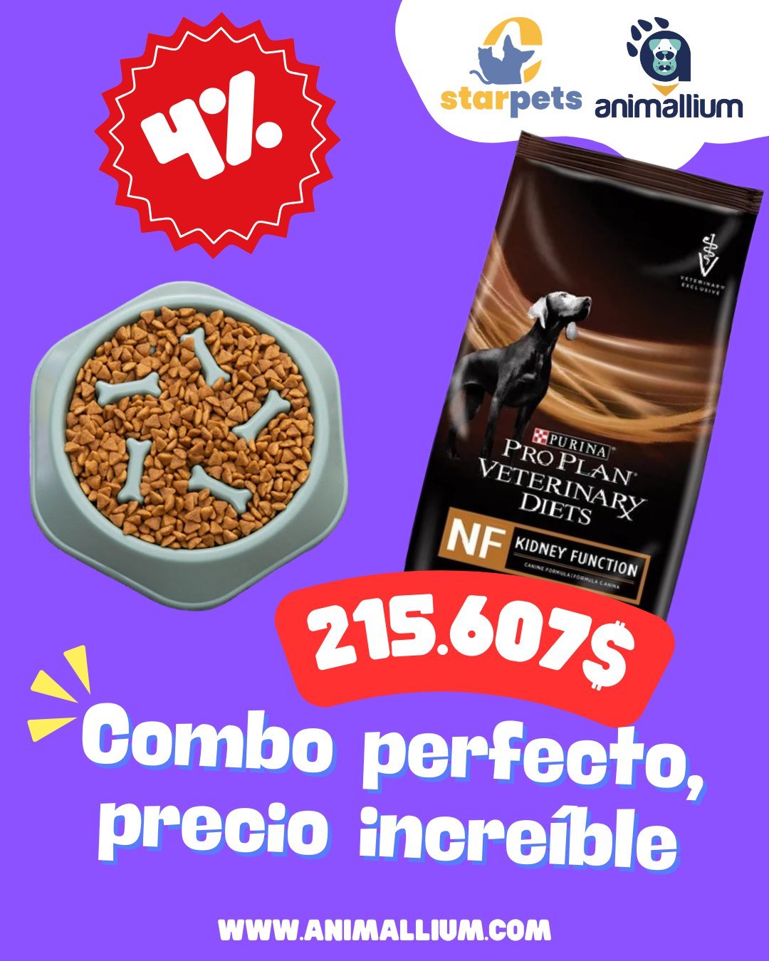 Combo: (plato) Comedero de Comida Lenta + (cuido) Alimento Kidney Function 2,72kg