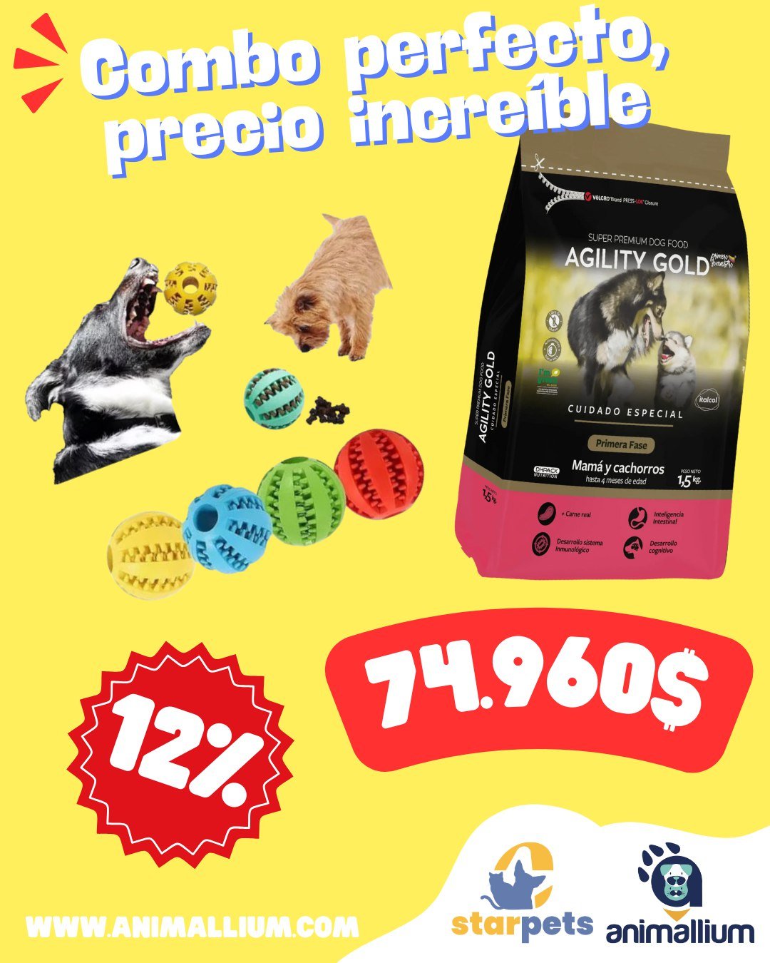 Combo: (cuido) Alimento Agility Gold Mamá y Cachorros 1,5KG + Juguete (comedero) Interactivo Porta Snacks