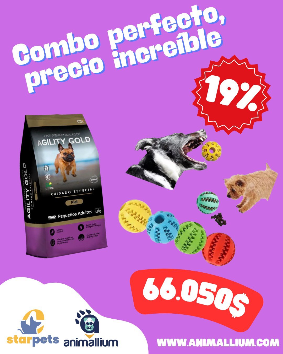 Combo:Agility Gold Piel–Paquete 1.5 kg para Perros Adultos (cuido)+(comedero)Juguete Interactivo Porta Snacks