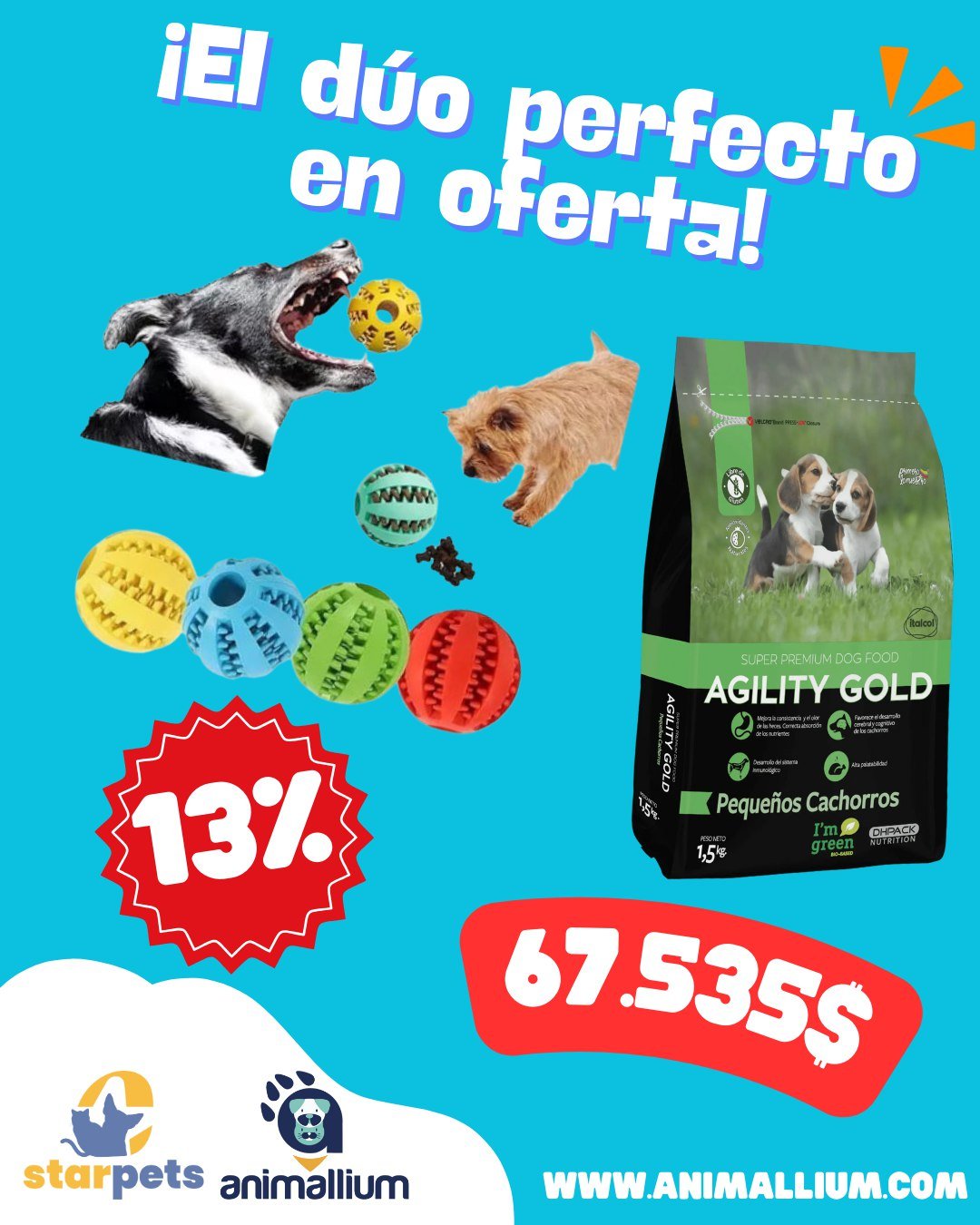 Combo: (cuido) Alimento Agility Gold Pequeños Cachorros paquete de 1,5kg + Juguete Interactivo Porta Snacks