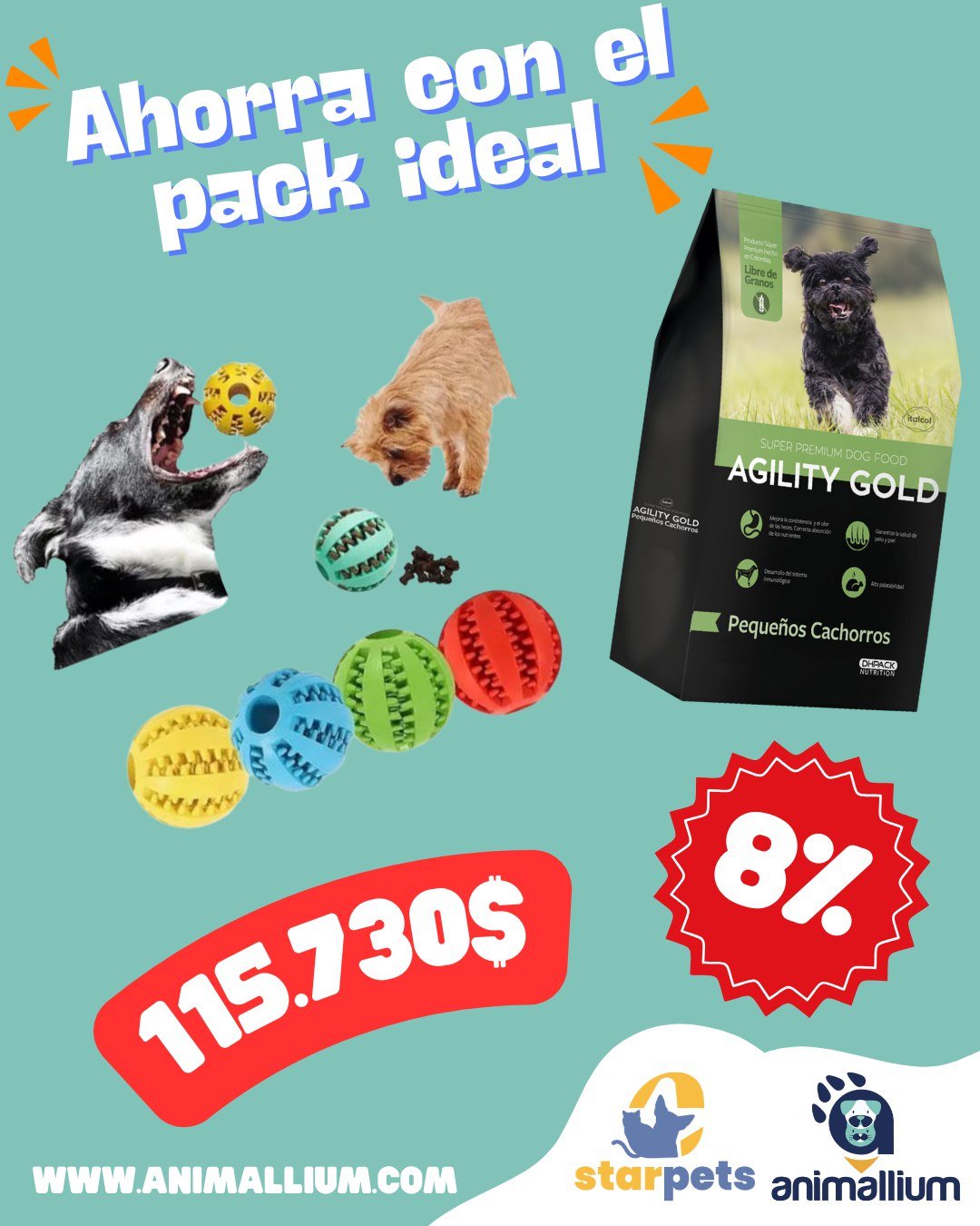 Combo: (cuido) Alimento Agility Gold Pequeños Cachorros 3KG + (comedero) Juguete Interactivo Porta Snacks