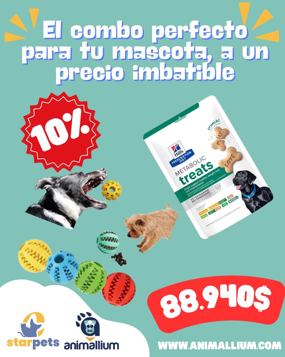 Combo:Juguete Interactivo Porta Snacks + Metabolic Treats – Premios Nutricionales para Perros 340g (cuido)